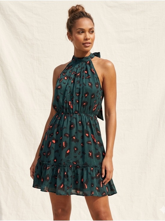 None Dresses & Skirts - Womens Green Leopard Print Halter Neck Dress Sleeveless Ruffle Hem Mini Summer